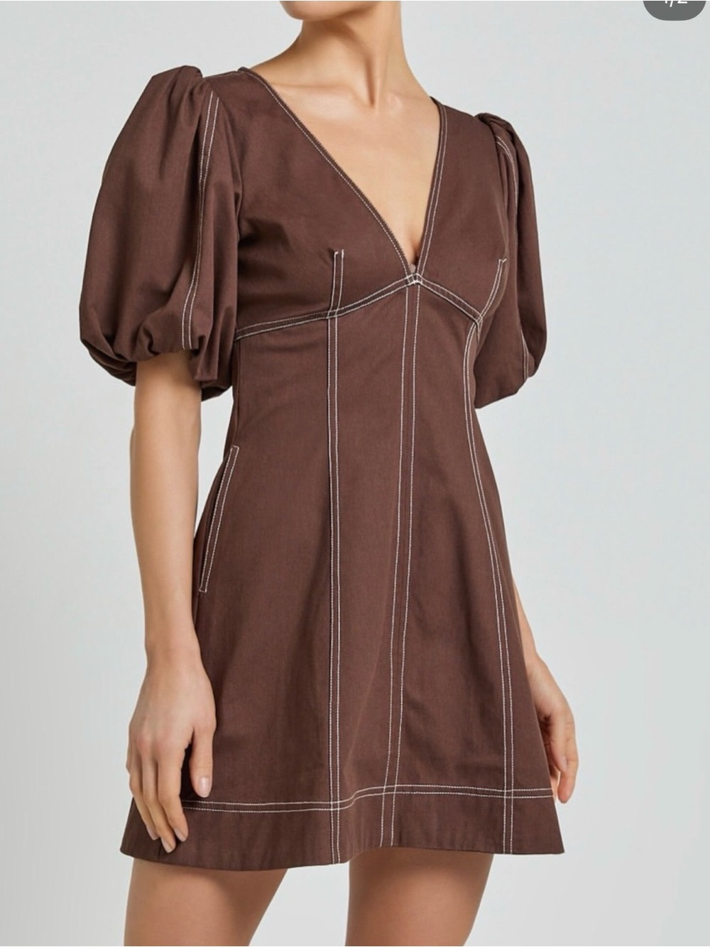 Showpo Brown V-Neck Puff Sleeve Mini Dress with Contrast Stitching